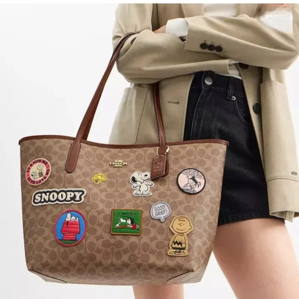 Coach x Peanuts City Tote with Snoopy, Lucy, Charlie Brown Patches Tan & Khaki - Picture 15 of 15